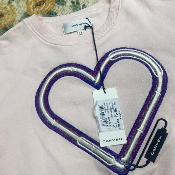 Carven Embroidered Heart Sweatshirt Sweater Pullover NWT XS Light Pink - Picture 3 of 8
